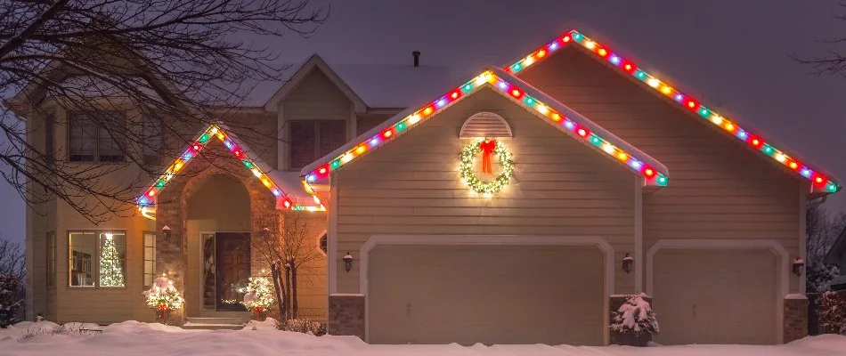 House in Westlake, OH, with holiday lighting.