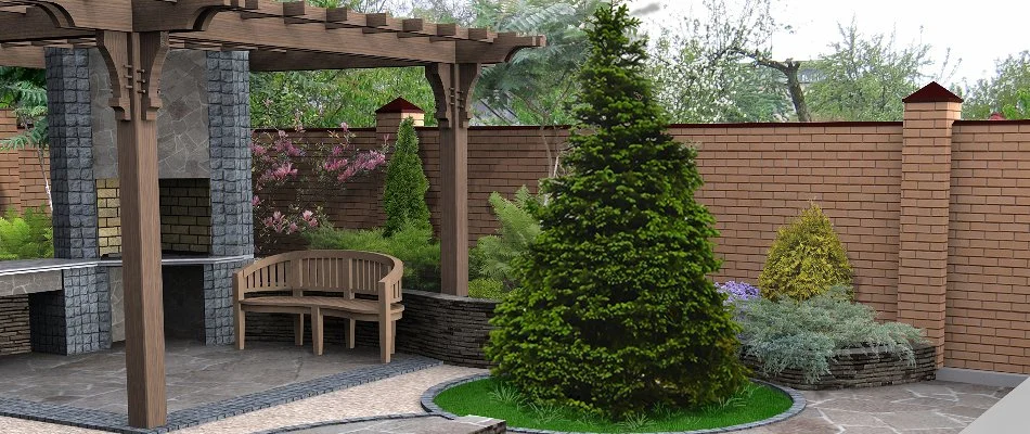 3D design rendering of a pergola in Huron, OH, with landscape plants and a fence.