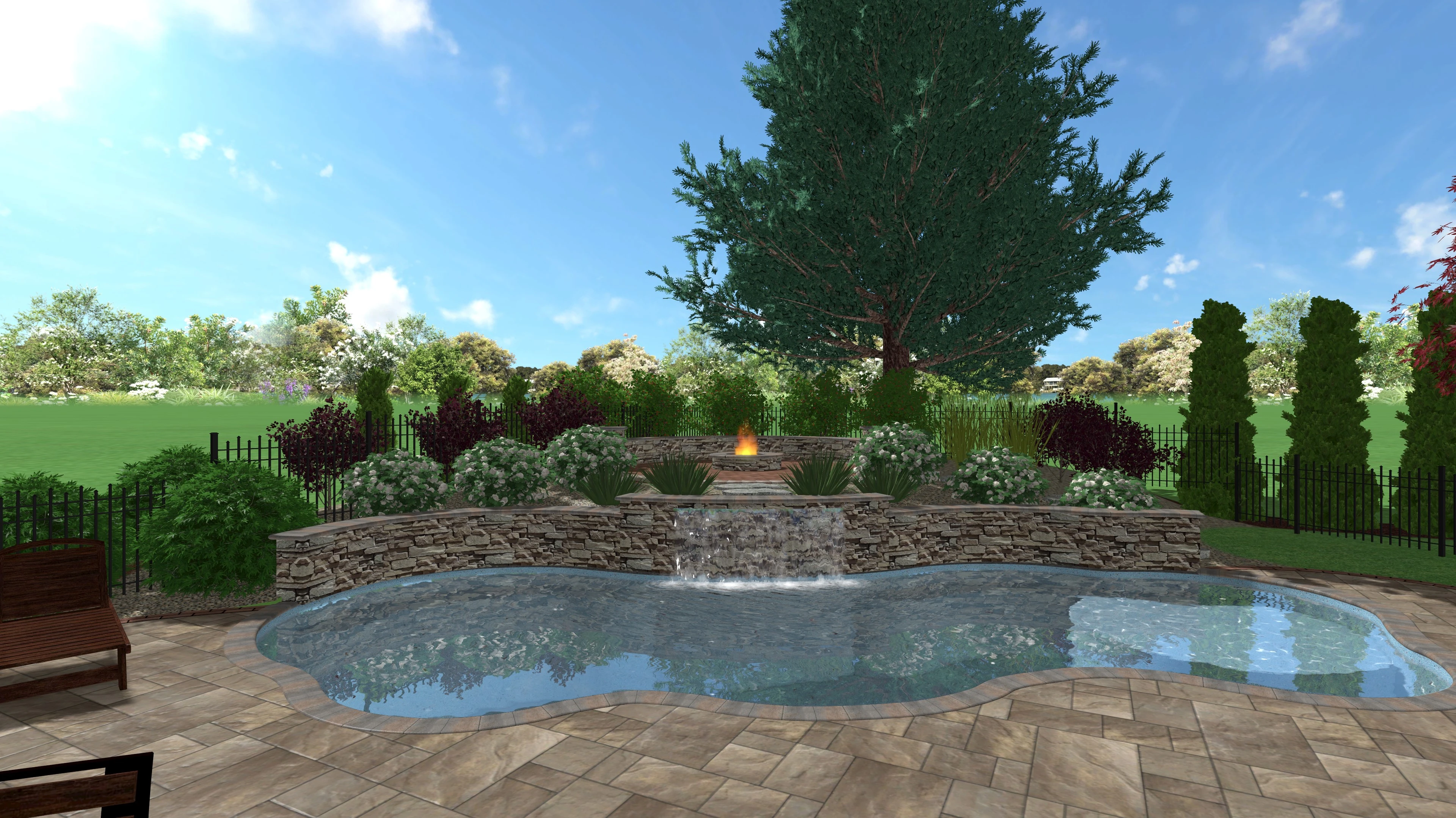 A 3D design of a landscape, plants, and patio in Huron, OH.