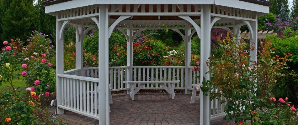 Colorful flowers around a gazebo in Huron, OH.