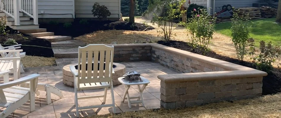 Seating wall around a fire pit in Huron, OH.